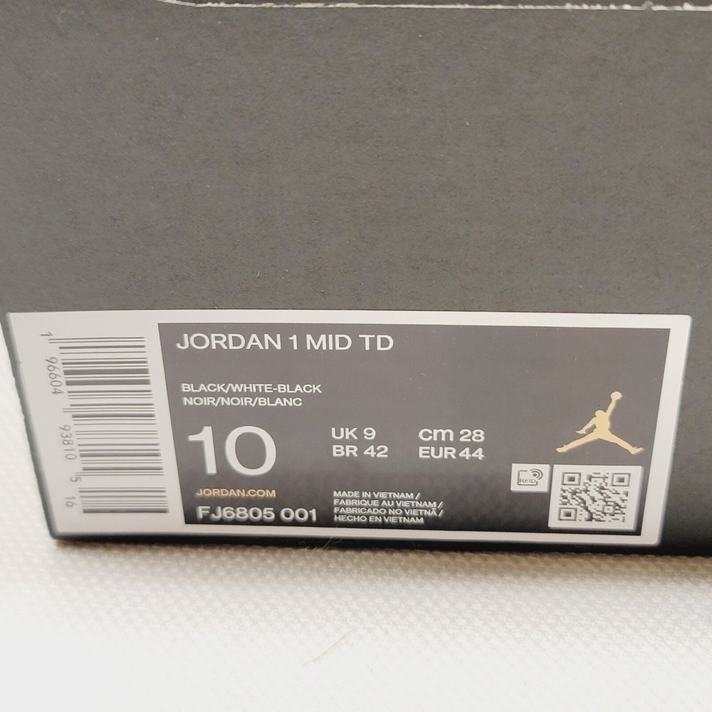 Jordan 1‎ Mid TD Football Cleats Mens 10 Black White FJ6805-001 Athletic Shoes - Picture 8 of 9